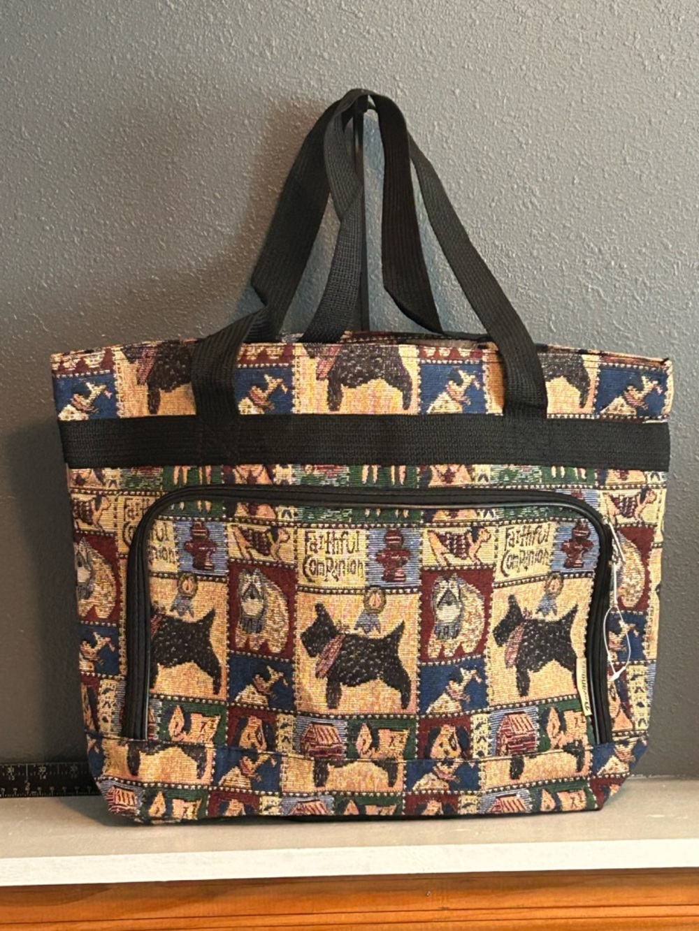 Vintage Tapestry Scotty Dog Pattern Tote Bag - Black/Multi